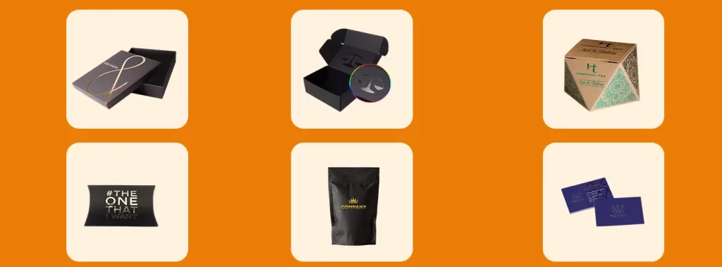 A collection of diverse packaging boxes and materials showcasing the applications of Spot UV printing in packaging design